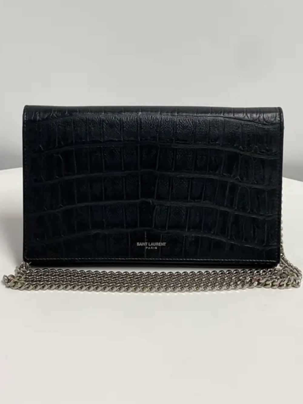 Authentic Saint Laurent Black Croc-Embossed Chain Wallet with Silver Chain